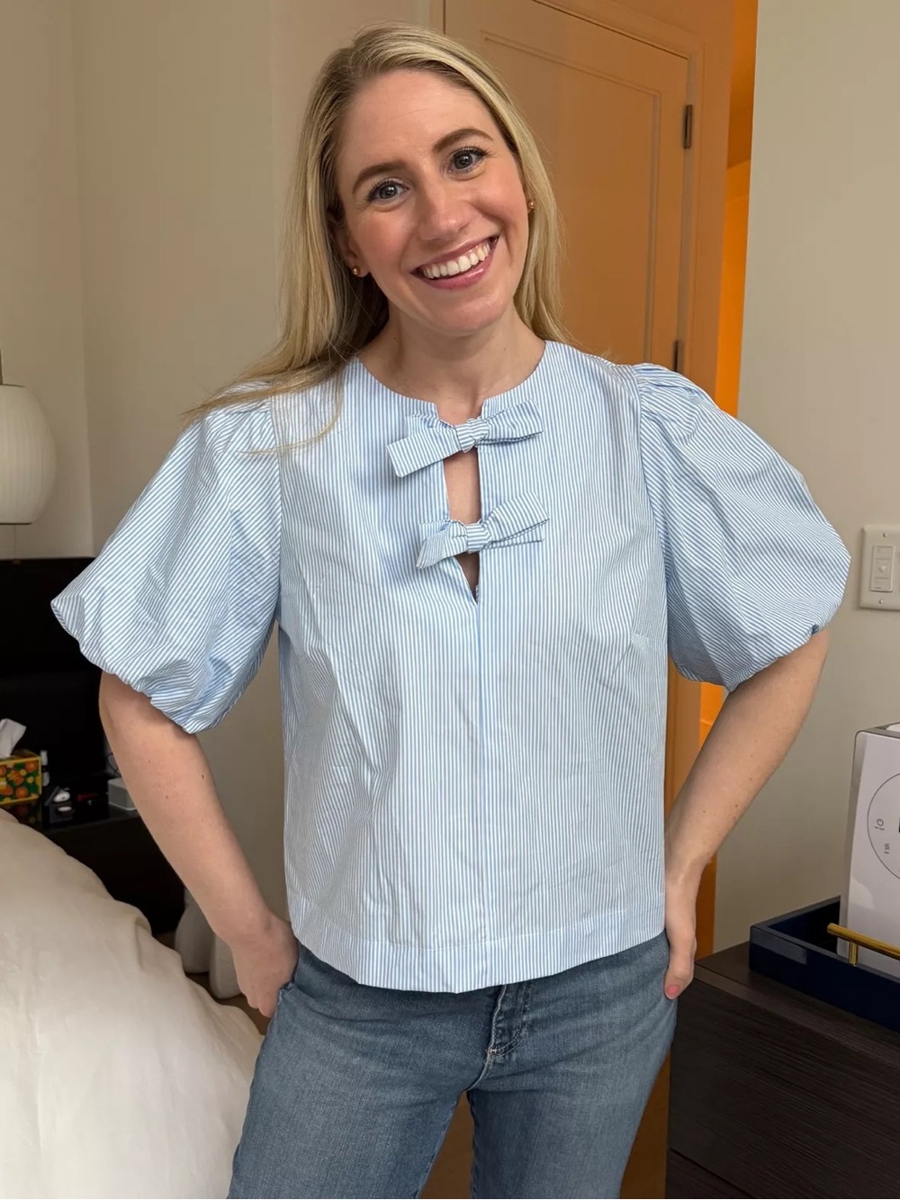 kate spade Light Blue Pinstripe Puff-Sleeve Bow Blouse